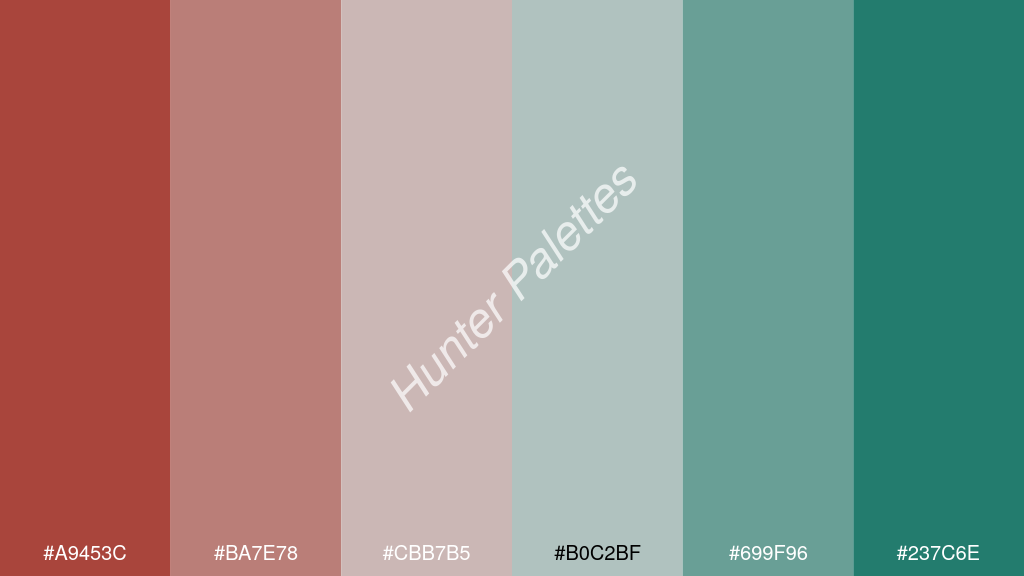 világos szürke szín palettája a következőkkel: #a9453c #ba7e78 #cbb7b5 #b0c2bf #699f96 #237c6e
