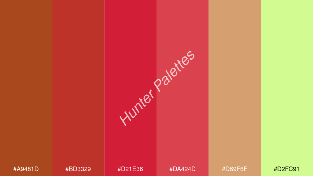 bíbor szín palettája a következőkkel: #a9481d #bd3329 #d21e36 #da424d #d69f6f #d2fc91