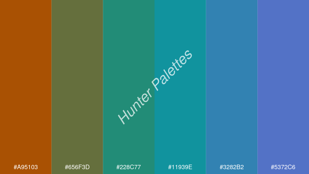 kékzöld szín palettája a következőkkel: #a95103 #656f3d #228c77 #11939e #3282b2 #5372c6