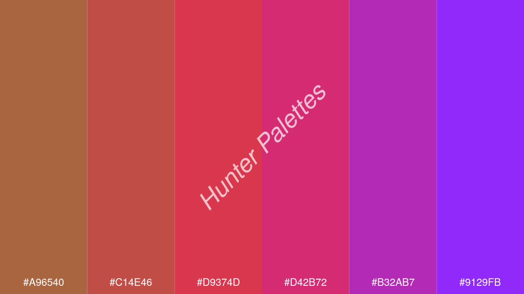 amarant szín palettája a következőkkel: #a96540 #c14e46 #d9374d #d42b72 #b32ab7 #9129fb