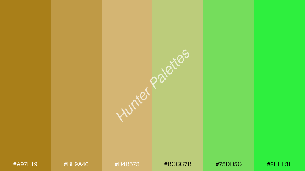 khaki szín palettája a következőkkel: #a97f19 #bf9a46 #d4b573 #bccc7b #75dd5c #2eef3e