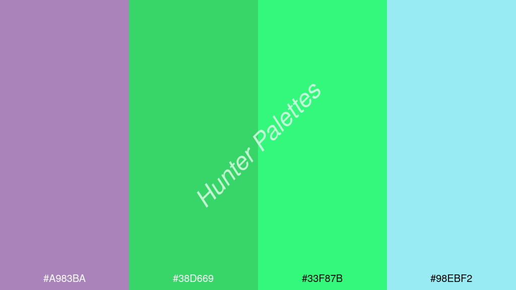 fluoreszkáló zöld szín palettája a következőkkel: #a983ba #38d669 #33f87b #98ebf2