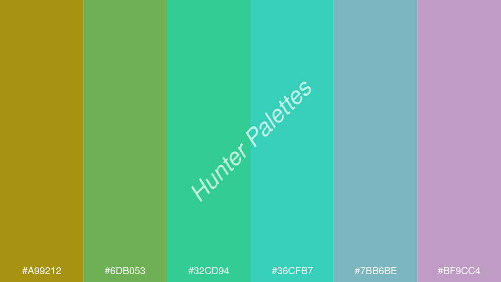 karibi zöld szín palettája a következőkkel: #a99212 #6db053 #32cd94 #36cfb7 #7bb6be #bf9cc4