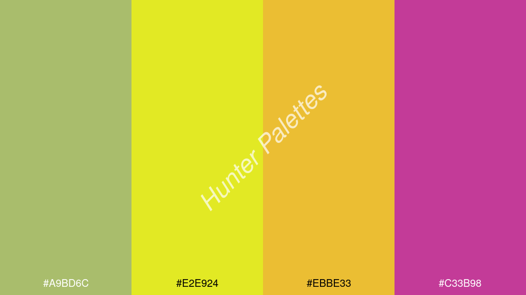 sárga szín palettája a következőkkel: #a9bd6c #e2e924 #ebbe33 #c33b98
