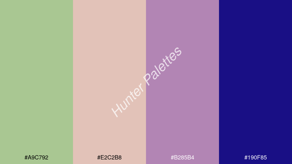 rózsaszín szín palettája a következőkkel: #a9c792 #e2c2b8 #b285b4 #190f85
