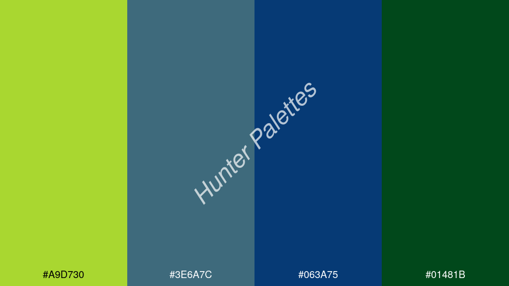 királykék szín palettája a következőkkel: #a9d730 #3e6a7c #063a75 #01481b