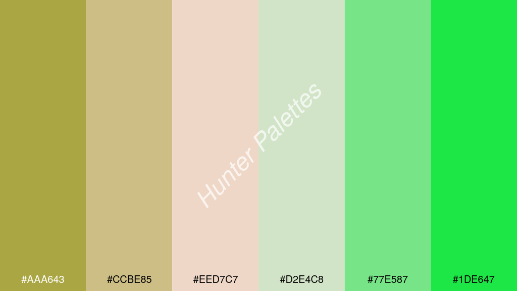 halvány rózsaszín szín palettája a következőkkel: #aaa643 #ccbe85 #eed7c7 #d2e4c8 #77e587 #1de647