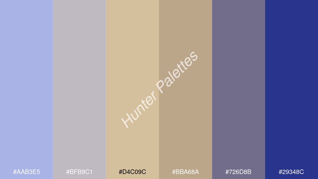 khaki szín palettája a következőkkel: #aab3e5 #bfb9c1 #d4c09c #bba68a #726d8b #29348c