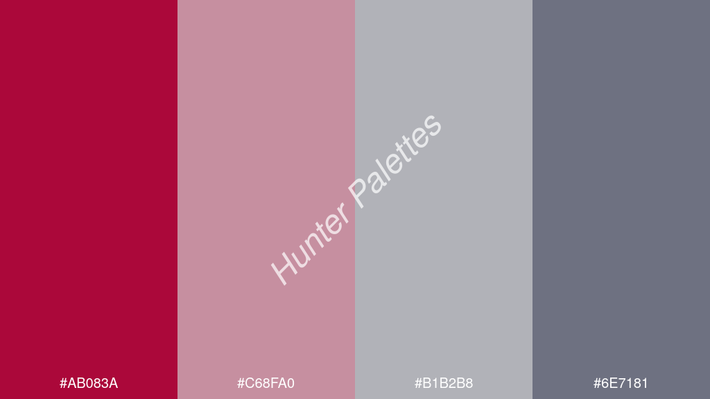 világos szürke szín palettája a következőkkel: #ab083a #c68fa0 #b1b2b8 #6e7181