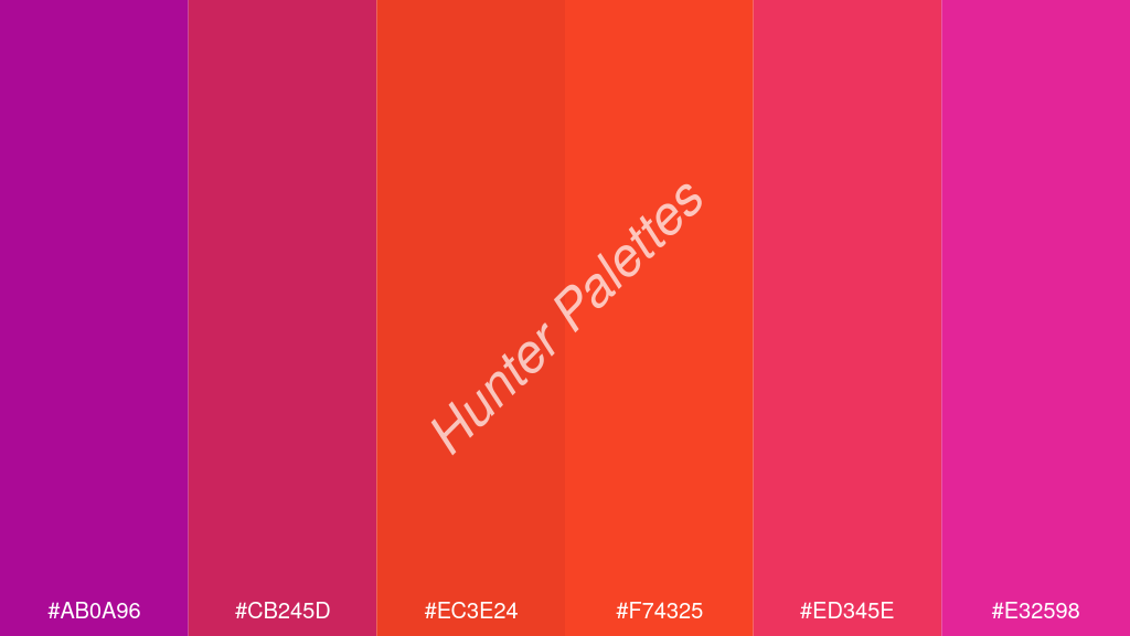 fluoreszkáló narancs szín palettája a következőkkel: #ab0a96 #cb245d #ec3e24 #f74325 #ed345e #e32598