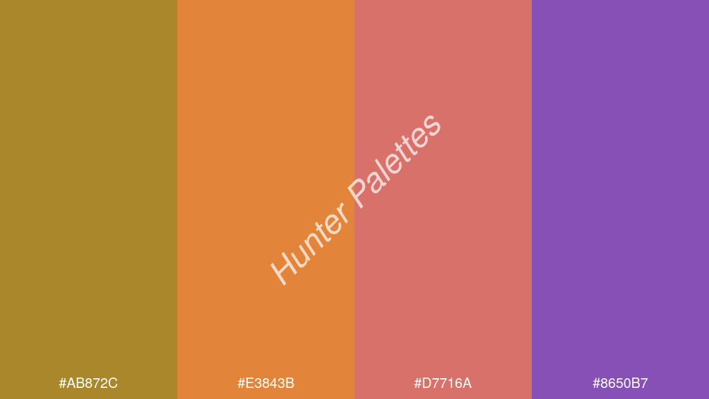 mangó szín palettája a következőkkel: #ab872c #e3843b #d7716a #8650b7
