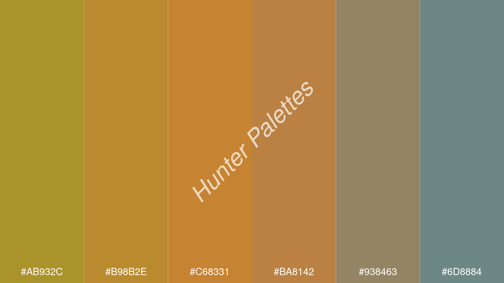 bronz szín palettája a következőkkel: #ab932c #b98b2e #c68331 #ba8142 #938463 #6d8884