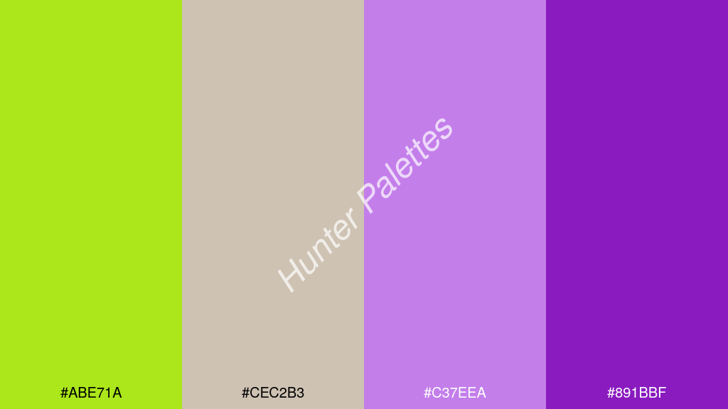 mályva szín palettája a következőkkel: #abe71a #cec2b3 #c37eea #891bbf