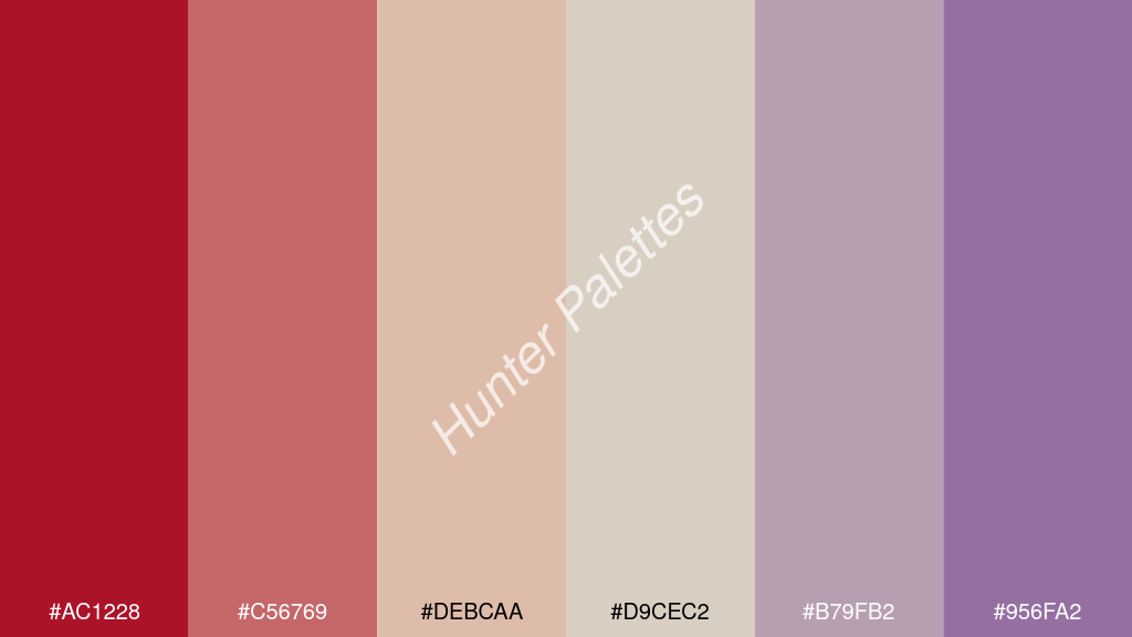 gyöngyház fehér szín palettája a következőkkel: #ac1228 #c56769 #debcaa #d9cec2 #b79fb2 #956fa2
