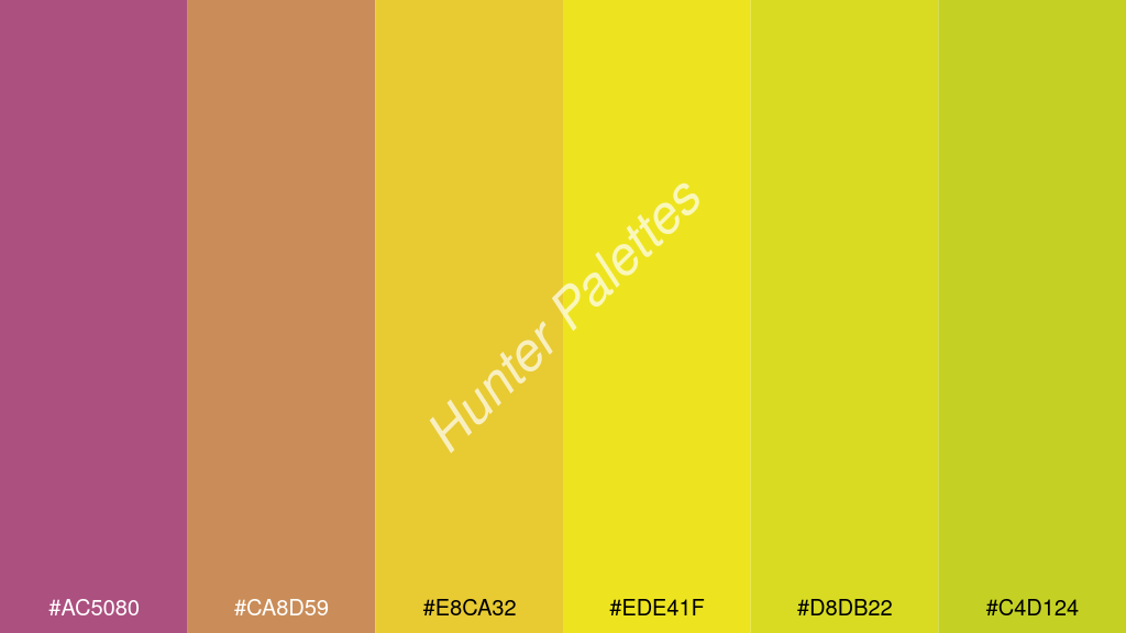 kanárisárga szín palettája a következőkkel: #ac5080 #ca8d59 #e8ca32 #ede41f #d8db22 #c4d124