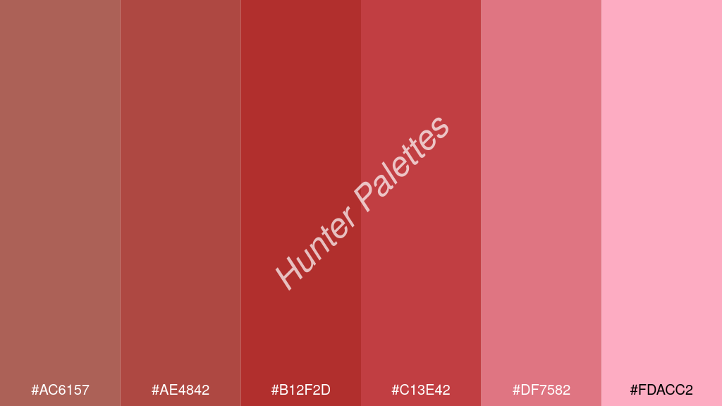 tégla szín palettája a következőkkel: #ac6157 #ae4842 #b12f2d #c13e42 #df7582 #fdacc2