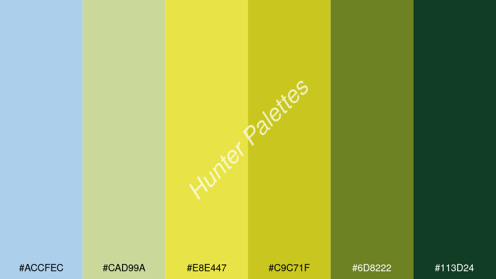 kanárisárga szín palettája a következőkkel: #accfec #cad99a #e8e447 #c9c71f #6d8222 #113d24