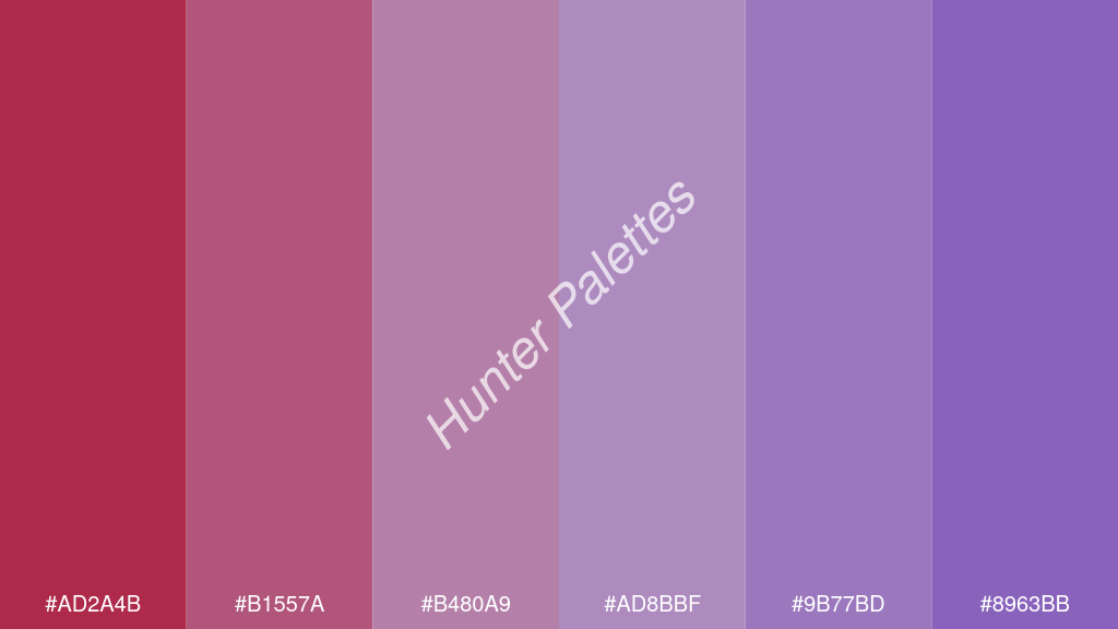 orgona szín palettája a következőkkel: #ad2a4b #b1557a #b480a9 #ad8bbf #9b77bd #8963bb