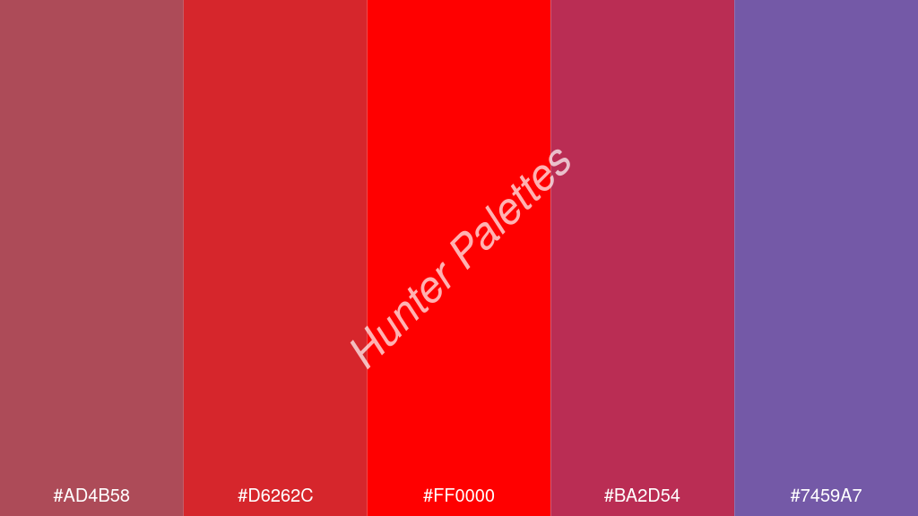 vörös szín palettája a következőkkel: #ad4b58 #d6262c #ff0000 #ba2d54 #7459a7