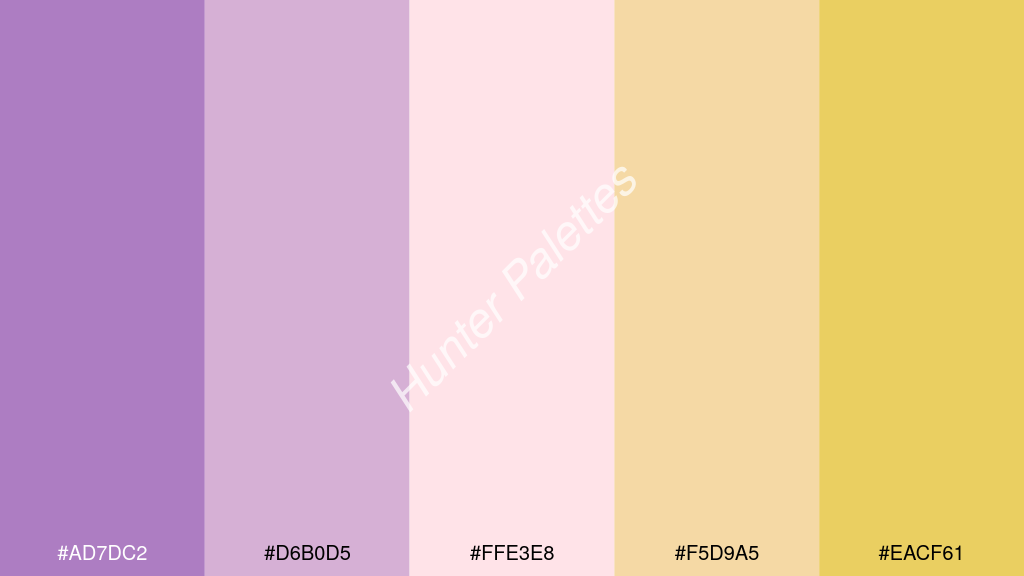 halvány rózsaszín szín palettája a következőkkel: #ad7dc2 #d6b0d5 #ffe3e8 #f5d9a5 #eacf61
