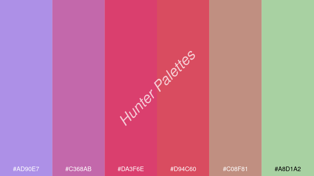 amarant szín palettája a következőkkel: #ad90e7 #c368ab #da3f6e #d94c60 #c08f81 #a8d1a2