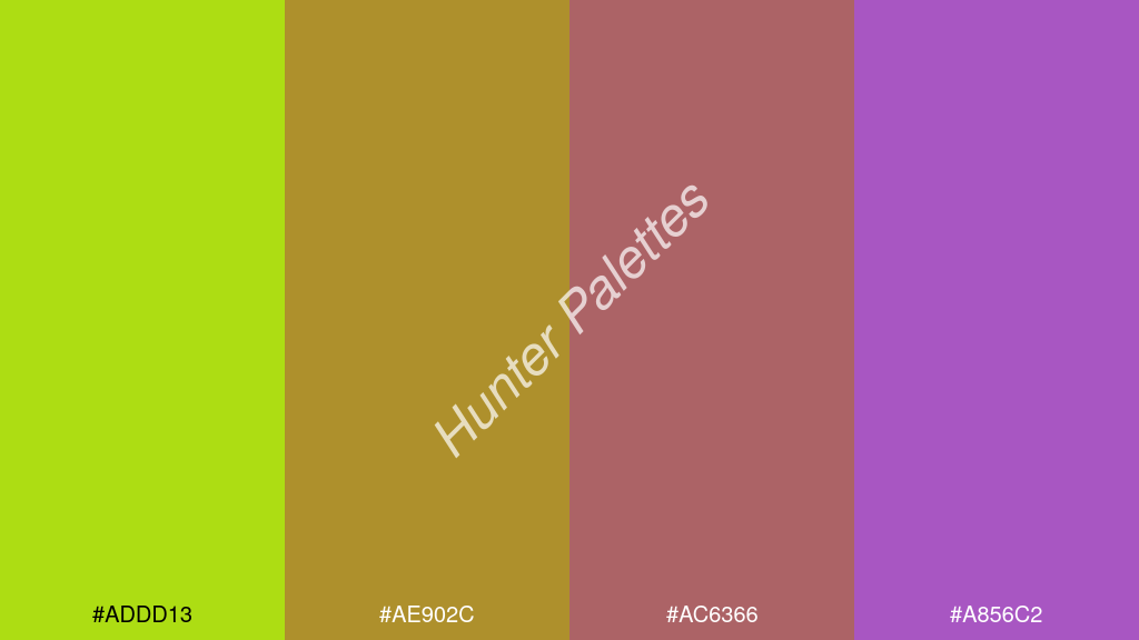 karamell szín palettája a következőkkel: #addd13 #ae902c #ac6366 #a856c2