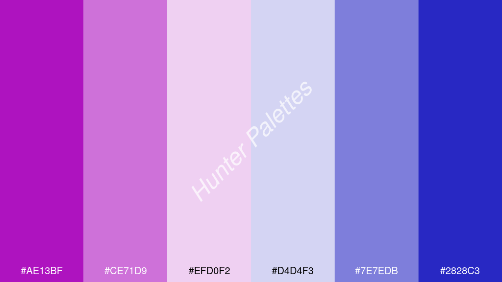 fehér szín palettája a következőkkel: #ae13bf #ce71d9 #efd0f2 #d4d4f3 #7e7edb #2828c3
