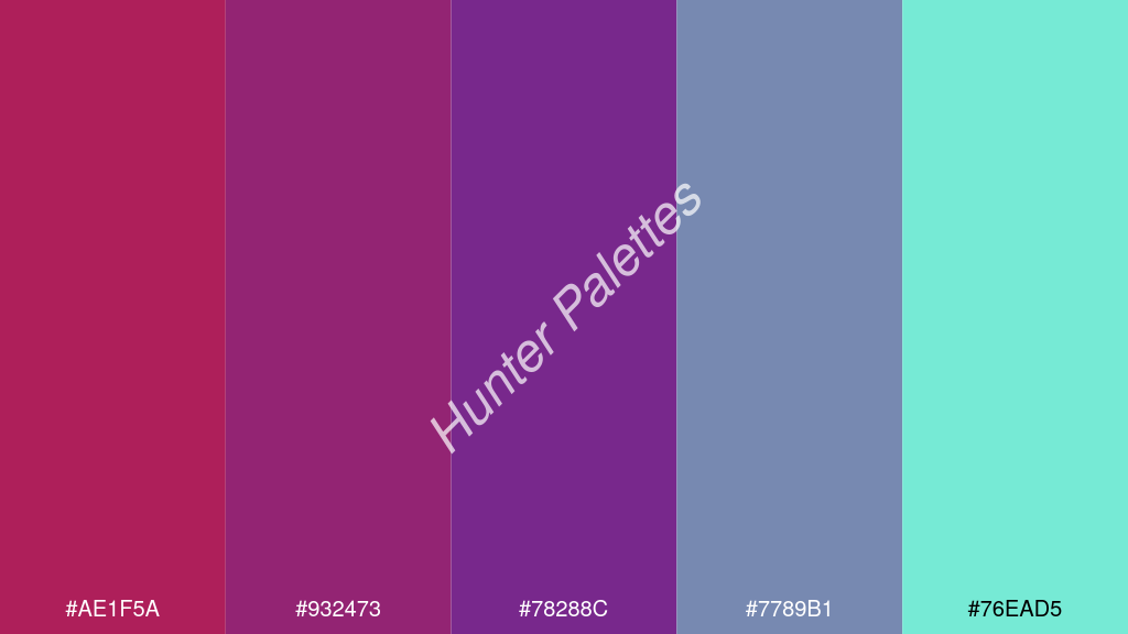 ibolya szín palettája a következőkkel: #ae1f5a #932473 #78288c #7789b1 #76ead5