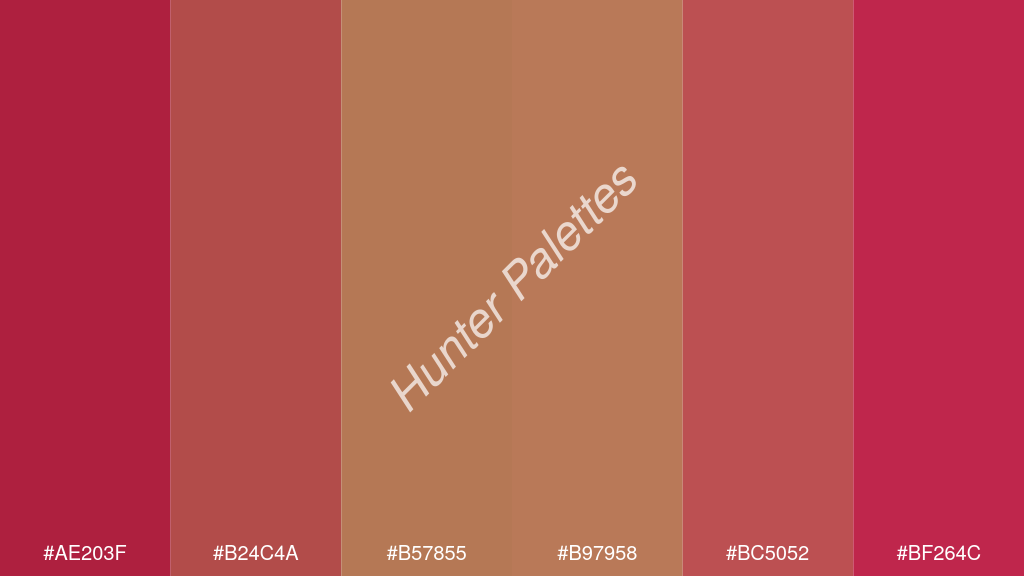 kalua szín palettája a következőkkel: #ae203f #b24c4a #b57855 #b97958 #bc5052 #bf264c