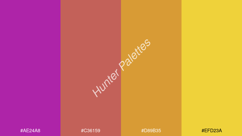 bronz szín palettája a következőkkel: #ae24a8 #c36159 #d89b35 #efd23a
