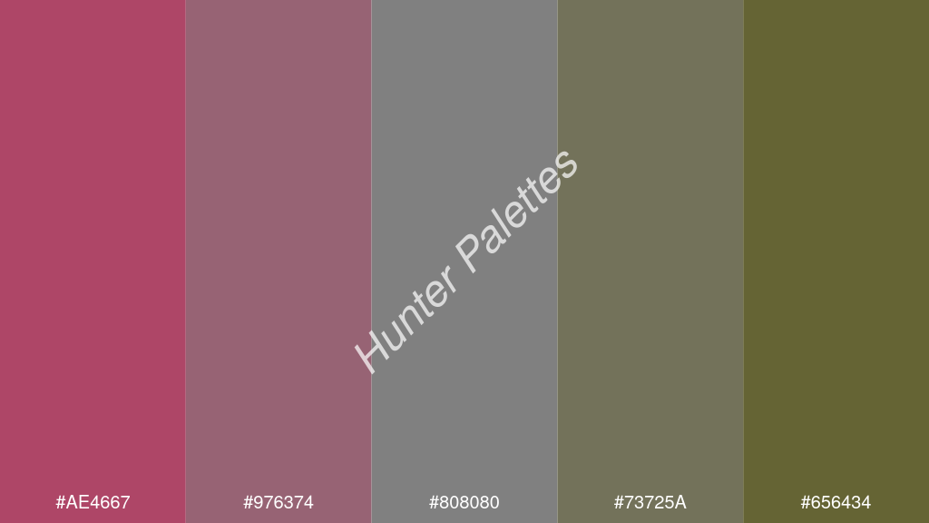 szürke szín palettája a következőkkel: #ae4667 #976374 #808080 #73725a #656434