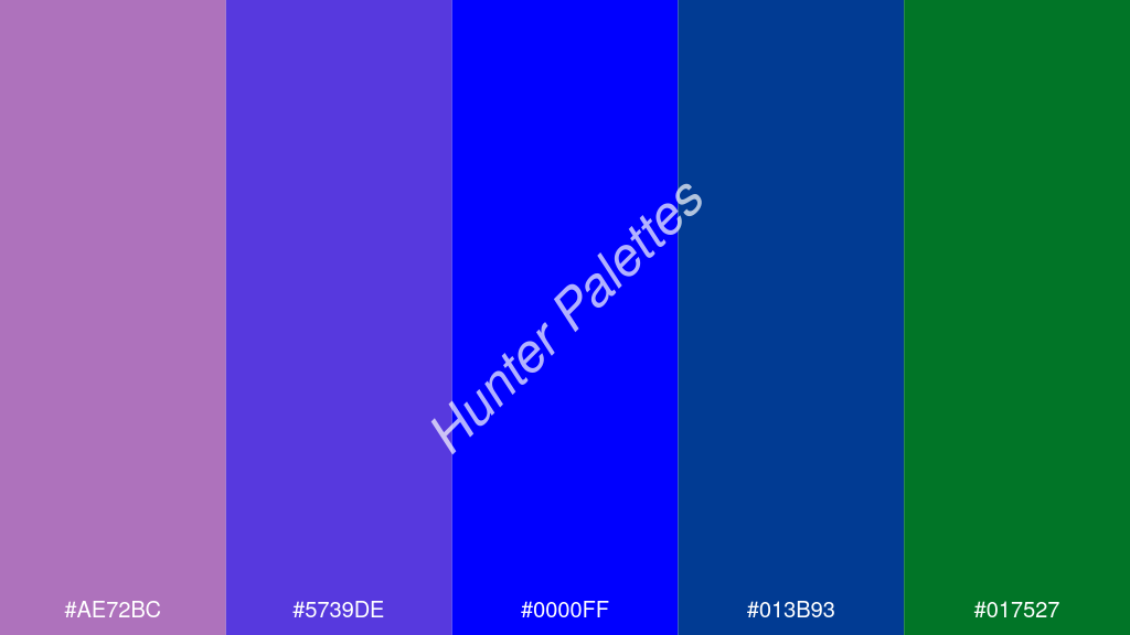 kék szín palettája a következőkkel: #ae72bc #5739de #0000ff #013b93 #017527