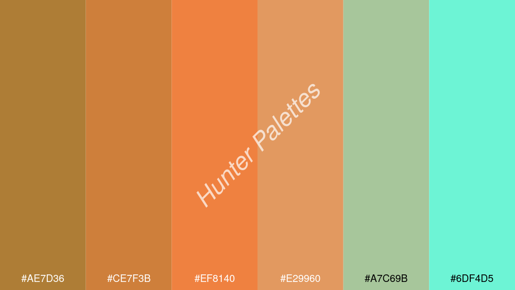 mangó szín palettája a következőkkel: #ae7d36 #ce7f3b #ef8140 #e29960 #a7c69b #6df4d5