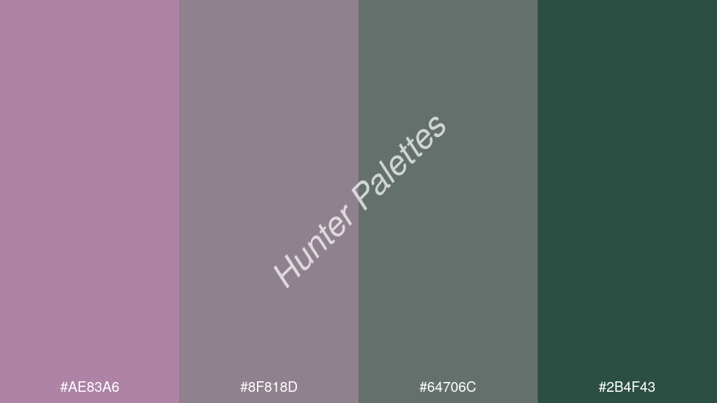 szürke szín palettája a következőkkel: #ae83a6 #8f818d #64706c #2b4f43