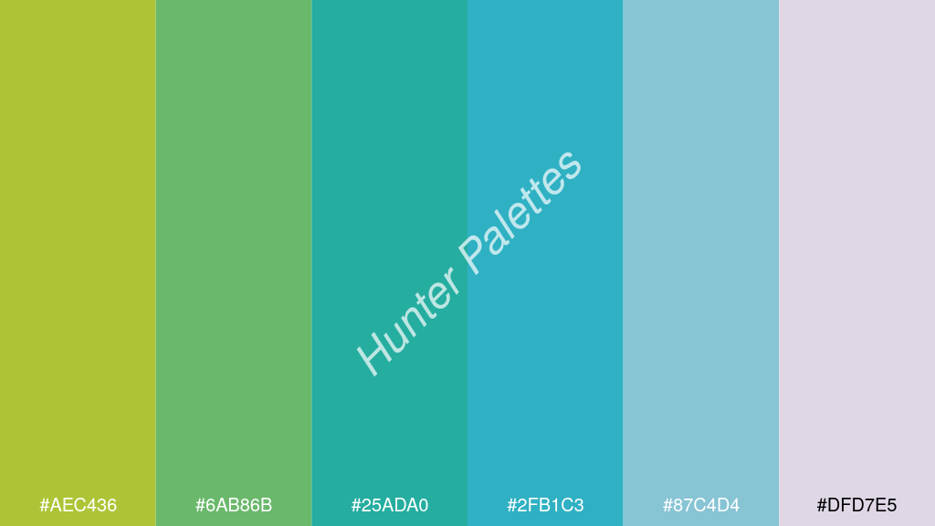 akvamarin kék szín palettája a következőkkel: #aec436 #6ab86b #25ada0 #2fb1c3 #87c4d4 #dfd7e5