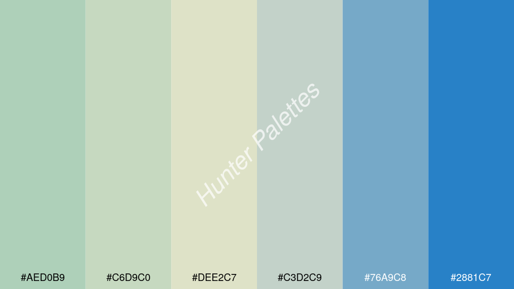 gyöngyház fehér szín palettája a következőkkel: #aed0b9 #c6d9c0 #dee2c7 #c3d2c9 #76a9c8 #2881c7