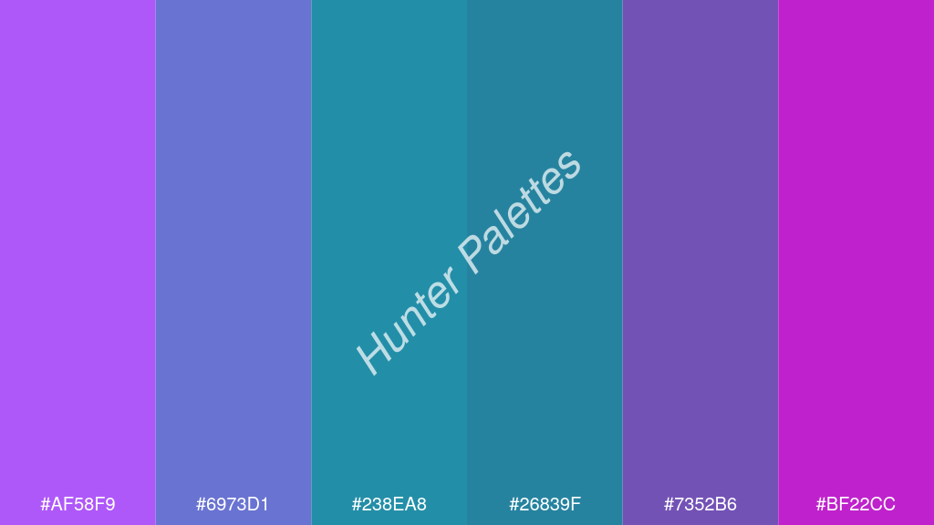 kékzöld szín palettája a következőkkel: #af58f9 #6973d1 #238ea8 #26839f #7352b6 #bf22cc
