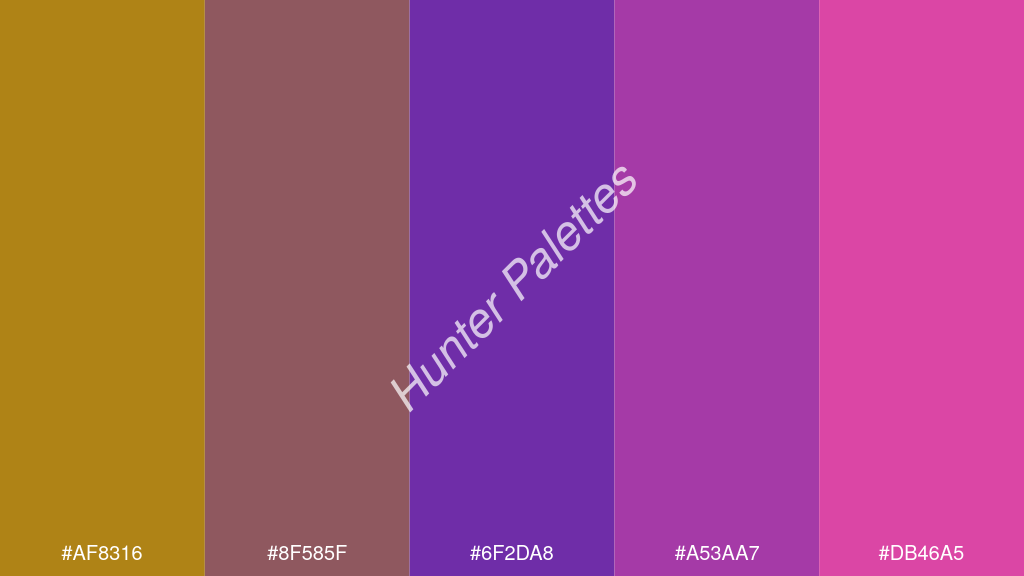 szőlő szín palettája a következőkkel: #af8316 #8f585f #6f2da8 #a53aa7 #db46a5
