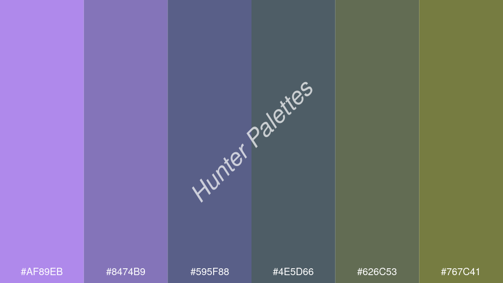 kékes szürke szín palettája a következőkkel: #af89eb #8474b9 #595f88 #4e5d66 #626c53 #767c41