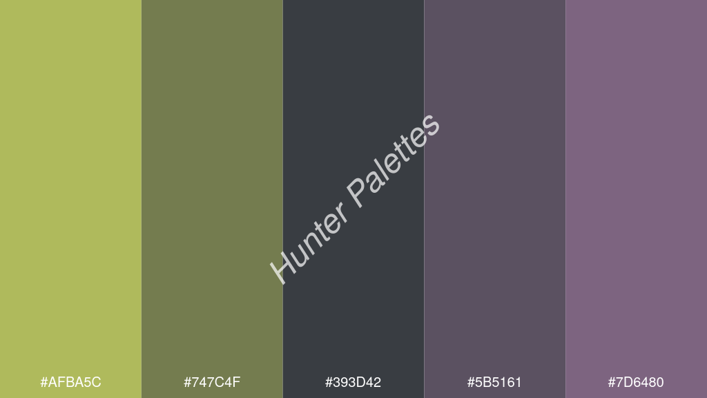 oxford szürke szín palettája a következőkkel: #afba5c #747c4f #393d42 #5b5161 #7d6480