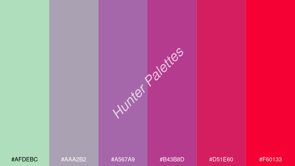 lila szín palettája a következőkkel: #afdebc #aaa2b2 #a567a9 #b43b8d #d51e60 #f60133
