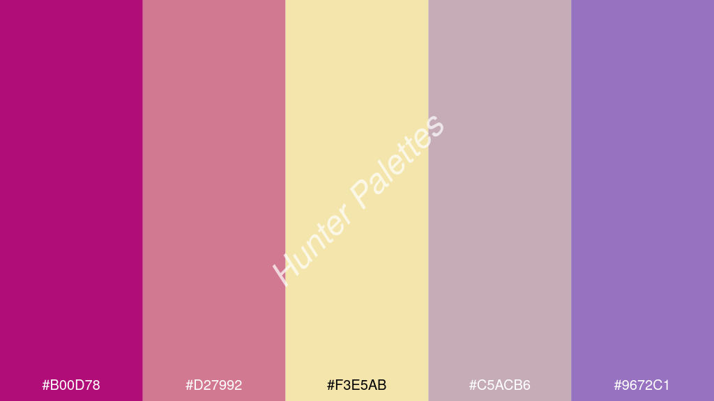 vanília szín palettája a következőkkel: #b00d78 #d27992 #f3e5ab #c5acb6 #9672c1
