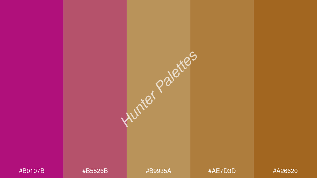 okker szín palettája a következőkkel: #b0107b #b5526b #b9935a #ae7d3d #a26620