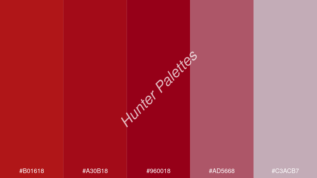 karmazsin szín palettája a következőkkel: #b01618 #a30b18 #960018 #ad5668 #c3acb7
