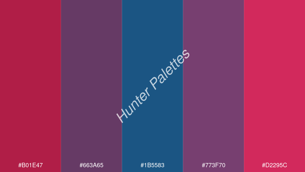 Capri kék szín palettája a következőkkel: #b01e47 #663a65 #1b5583 #773f70 #d2295c