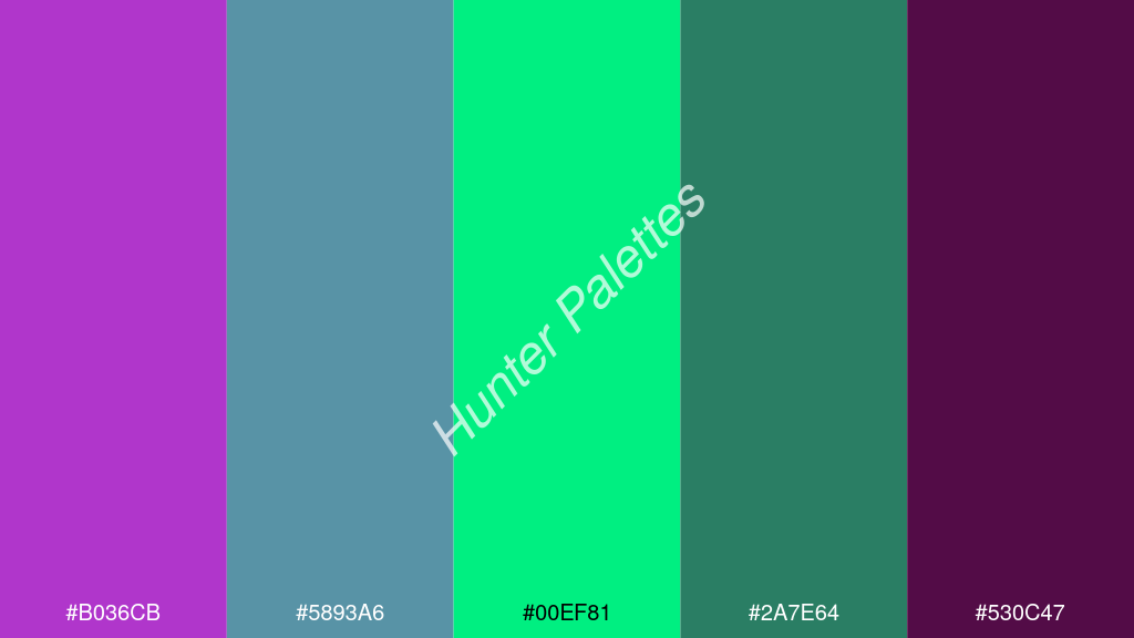 foszforeszkáló zöld szín palettája a következőkkel: #b036cb #5893a6 #00ef81 #2a7e64 #530c47