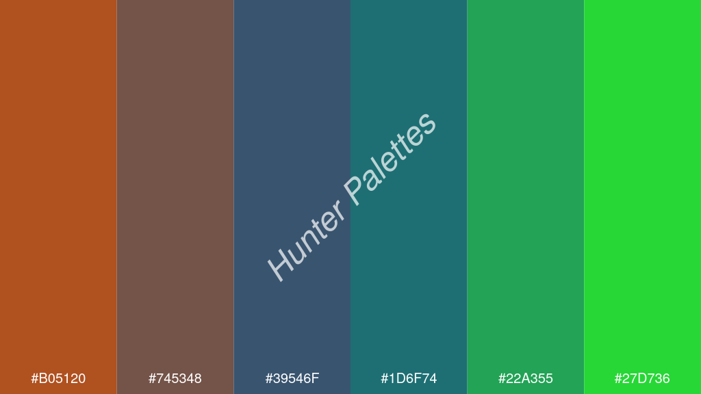 Capri kék szín palettája a következőkkel: #b05120 #745348 #39546f #1d6f74 #22a355 #27d736