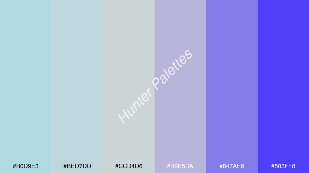 világos szürke szín palettája a következőkkel: #b0d9e3 #bed7dd #ccd4d6 #b9b5da #847ae9 #503ff8