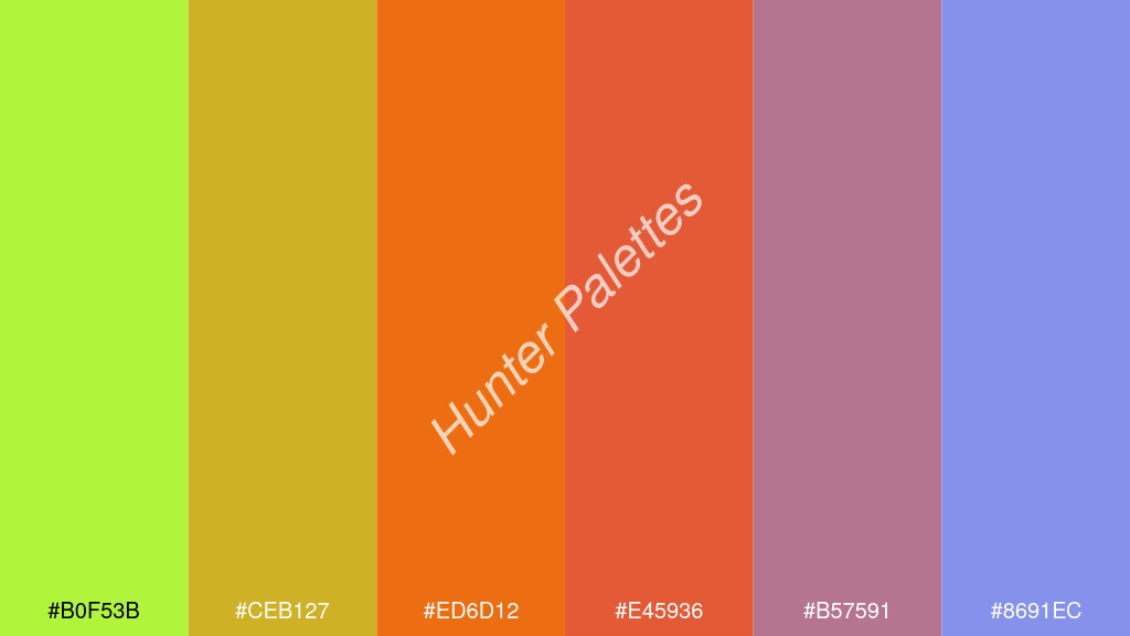 fluoreszkáló narancs szín palettája a következőkkel: #b0f53b #ceb127 #ed6d12 #e45936 #b57591 #8691ec