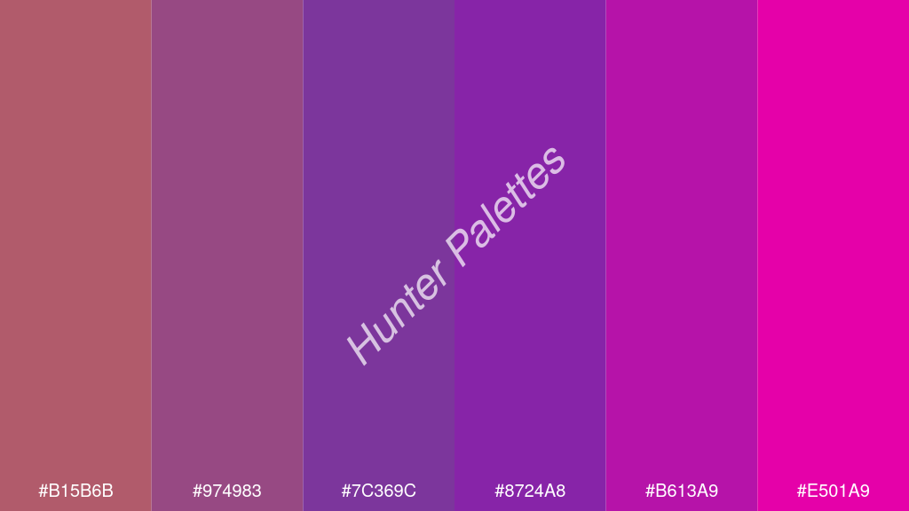 szőlő szín palettája a következőkkel: #b15b6b #974983 #7c369c #8724a8 #b613a9 #e501a9